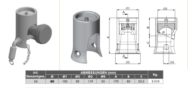 3-Way Tilting Bearings 80 mm with welding ball & security bolt - three-way tipper