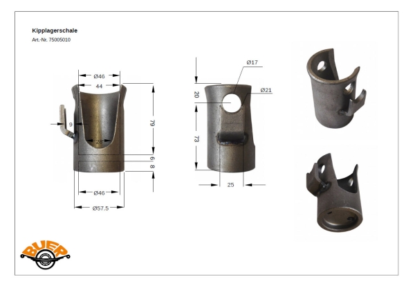 43mm 3-Way Tilting Bearings 43mm complete-set with welding ball & security bolt 16 mm - three-way tipper