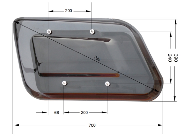 Replacement pane glass for horse trailer window asymmetric right [700 x 390 x 35 mm] - SMOKE