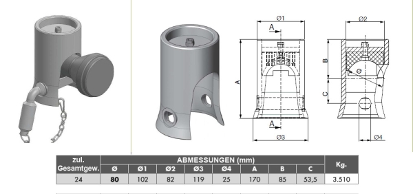 3-Way Tilting Bearings 80 mm with welding ball & security bolt - three-way tipper