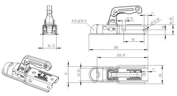 Ball coupling trailer 800 kg 60 mm square hitch coupling claw